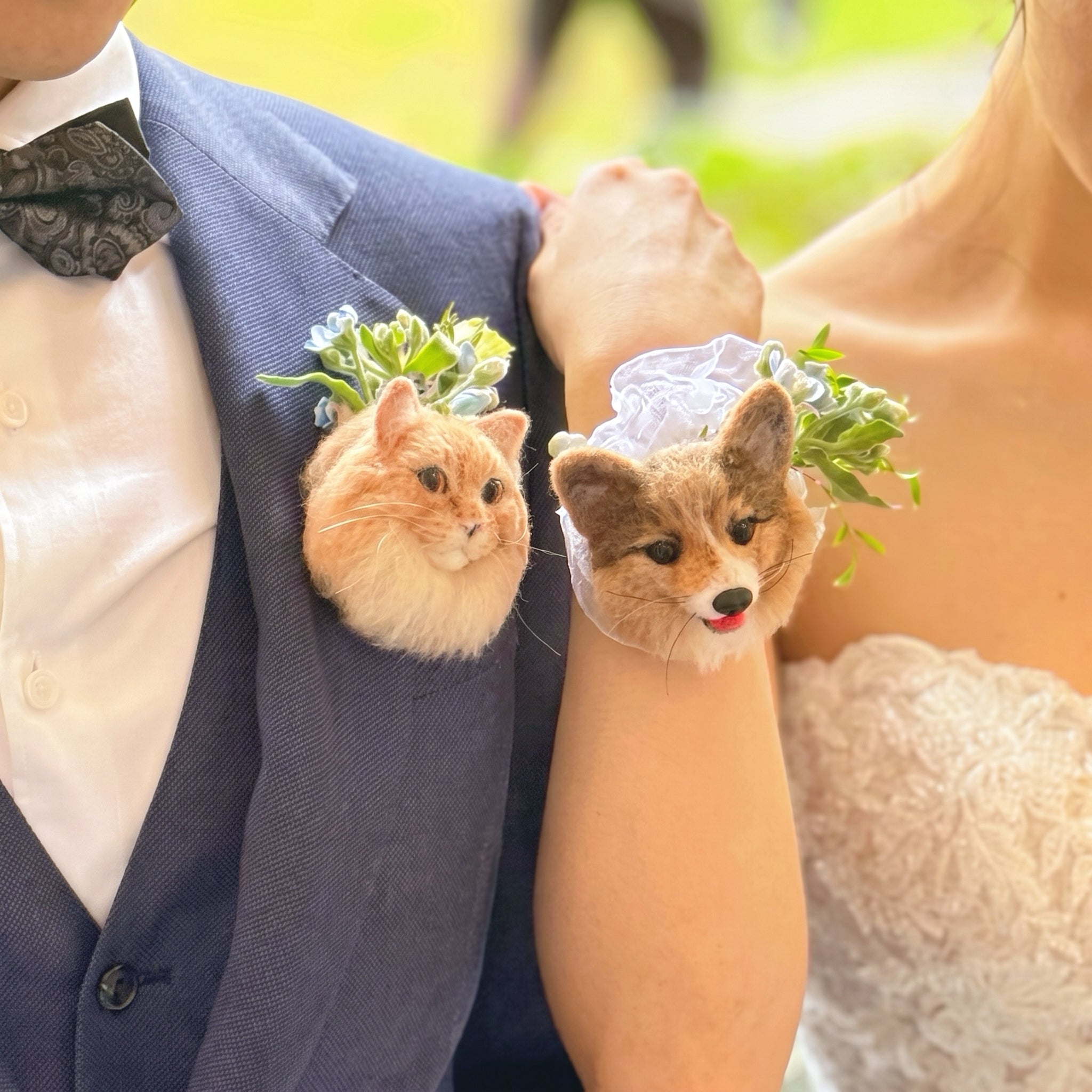 愛犬・愛猫と一緒に結婚式♪ 羊毛フェルト ウェディング ブートニア ブローチ
